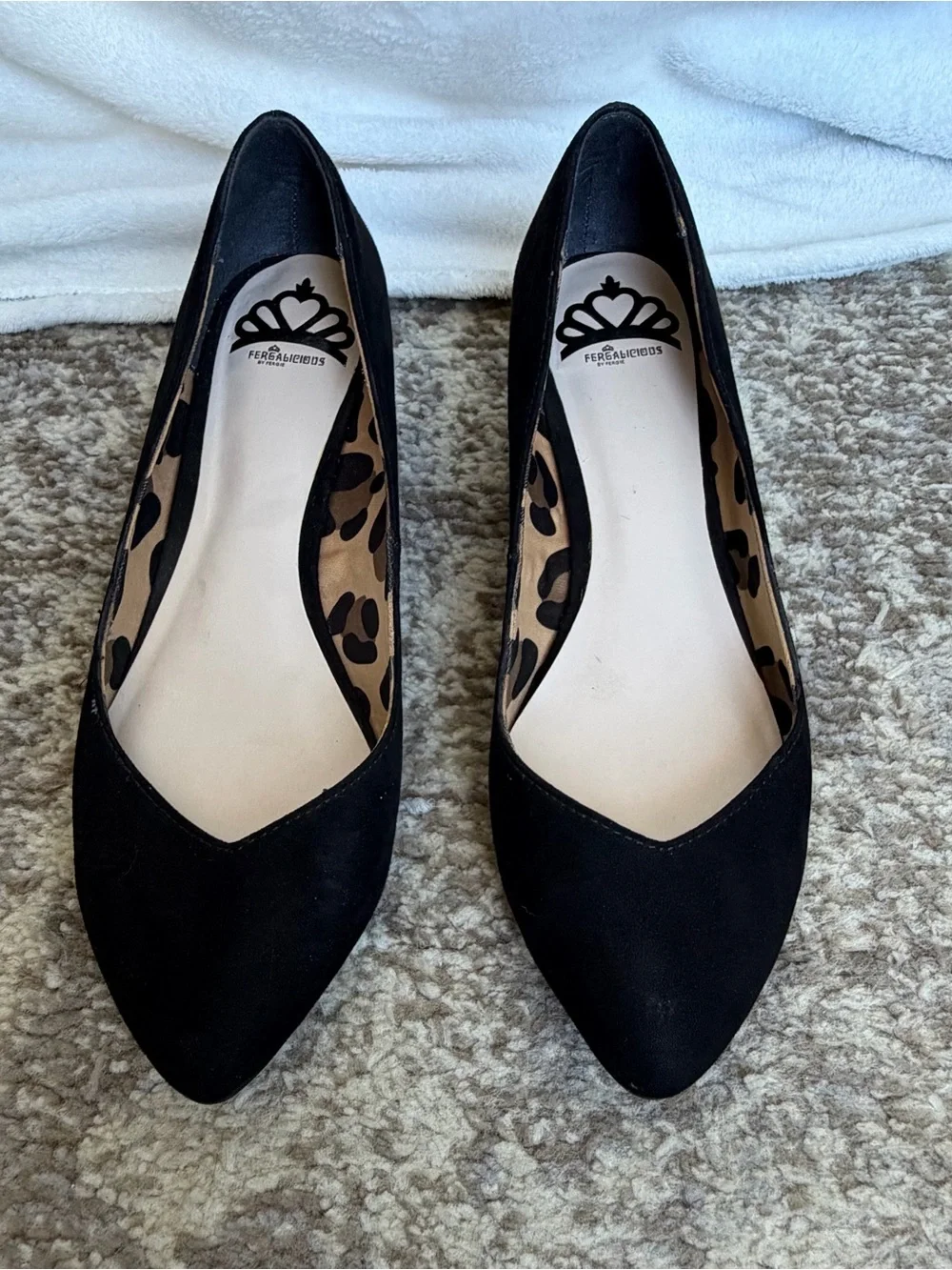 Fergalicious Black Pointed-Toe Leopard-Trim Wedges